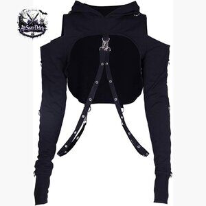 Gothic Punk Long Sleeve Crop Hoodie with Buckle Straps and Cold Shoulder